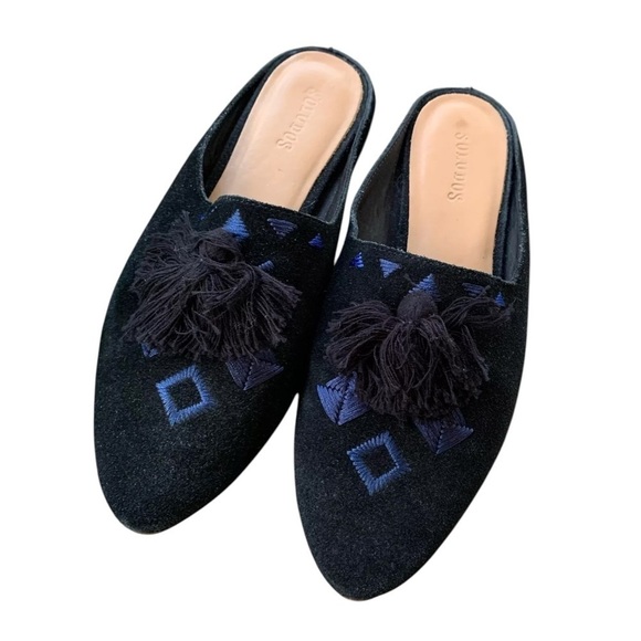 Soludos Embroidered Tassel Suede Mule Slides Flats Black Blue Size US 7 - Picture 1 of 8
